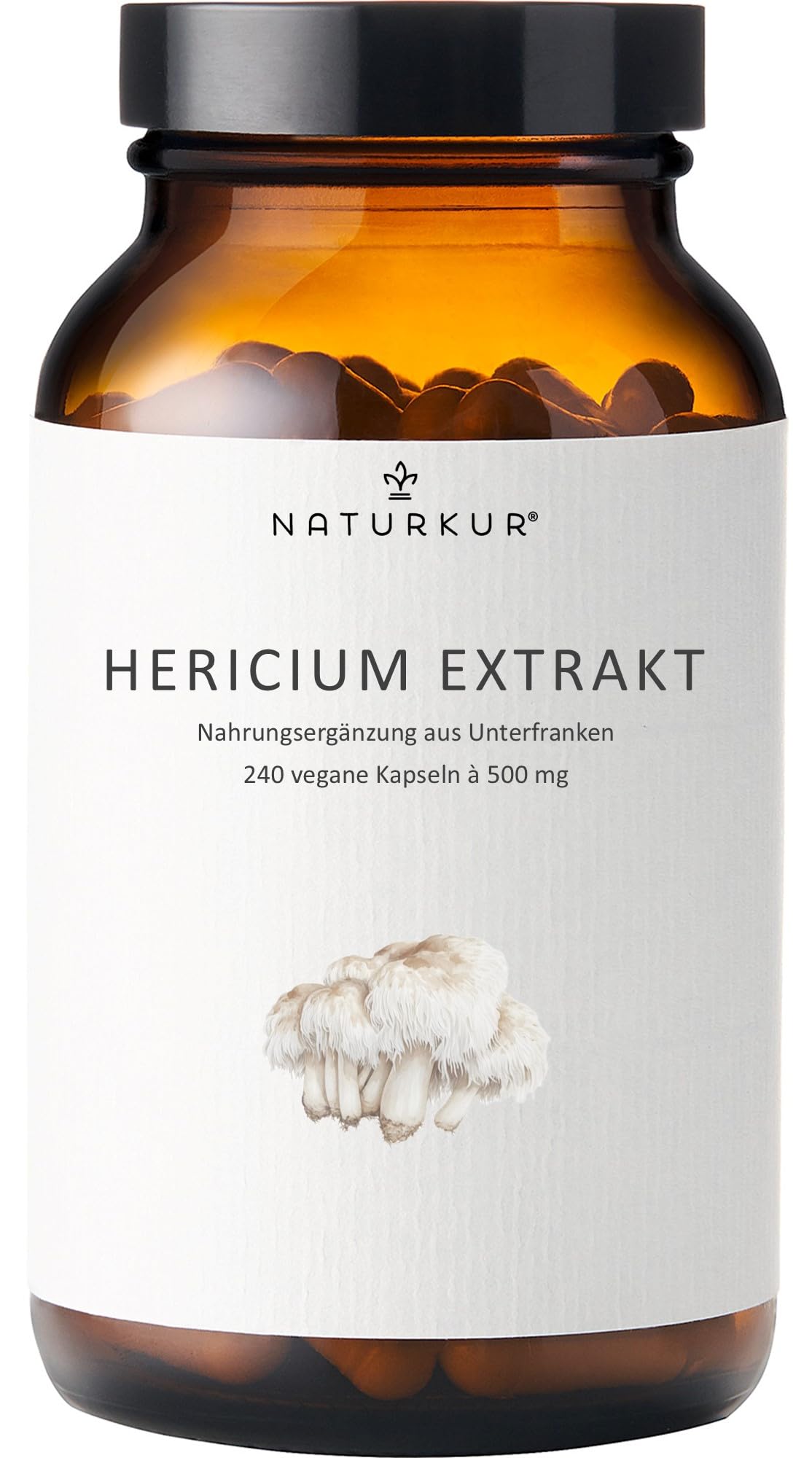 Naturkur® Hericium Extrakt 500mg - 240 Kapseln im Apothekerglas - Lions Mane Löwenmähne - 30% Polysaccharide, vegan, ohne Zusatzstoffe, hergestellt in Unterfranken