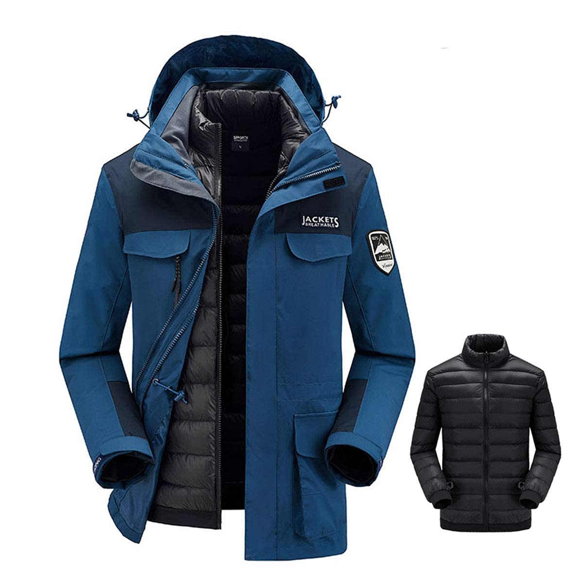MU Hombre Impermeable 3 en 1 Chaqueta de Esquí Abajo Chaqueta Abrigo de Invierno Caliente Chaquetas de Snowboard a Prueba de Viento con Capucha Desmontable Abrigo de Montaña/Blue/4Xl