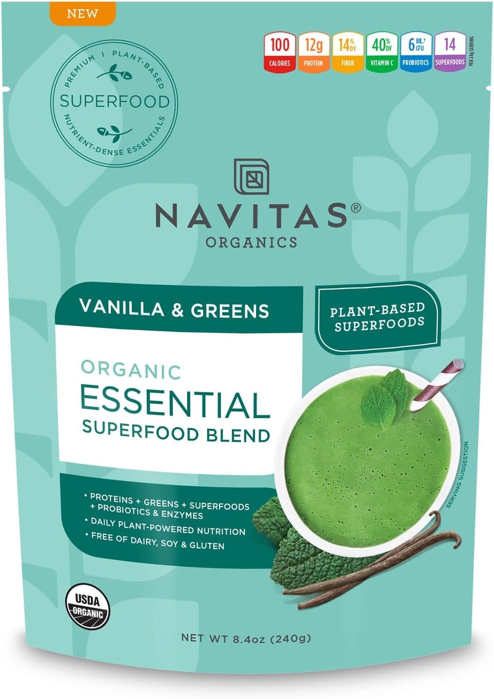 Navitas OrganicsEssential Superfood Protein Blend, Vanilla & Greens, 8.4oz. Bag,10 Servings — Organic, Non-GMO, Gluten-Free, Plant-Based Protein