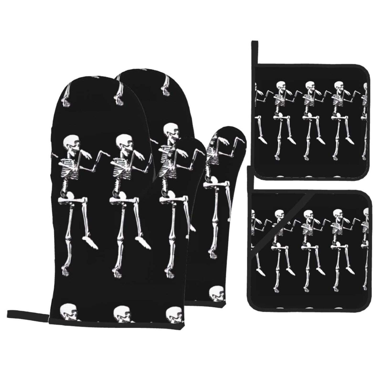 Halloween Posable Skeleton Skull Print Kitchen Oven Mitts And Pot Holders Set,Hanging Loop Design For Cooking Baking Bbq