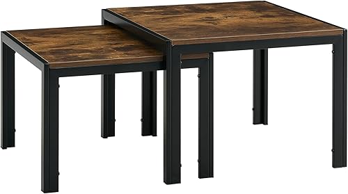 Miniatura 8 de Juego de 2 mesas de centro anidadas mesa cuadrada moderna apilable con acabado de madera para sala de estar marrón rústico