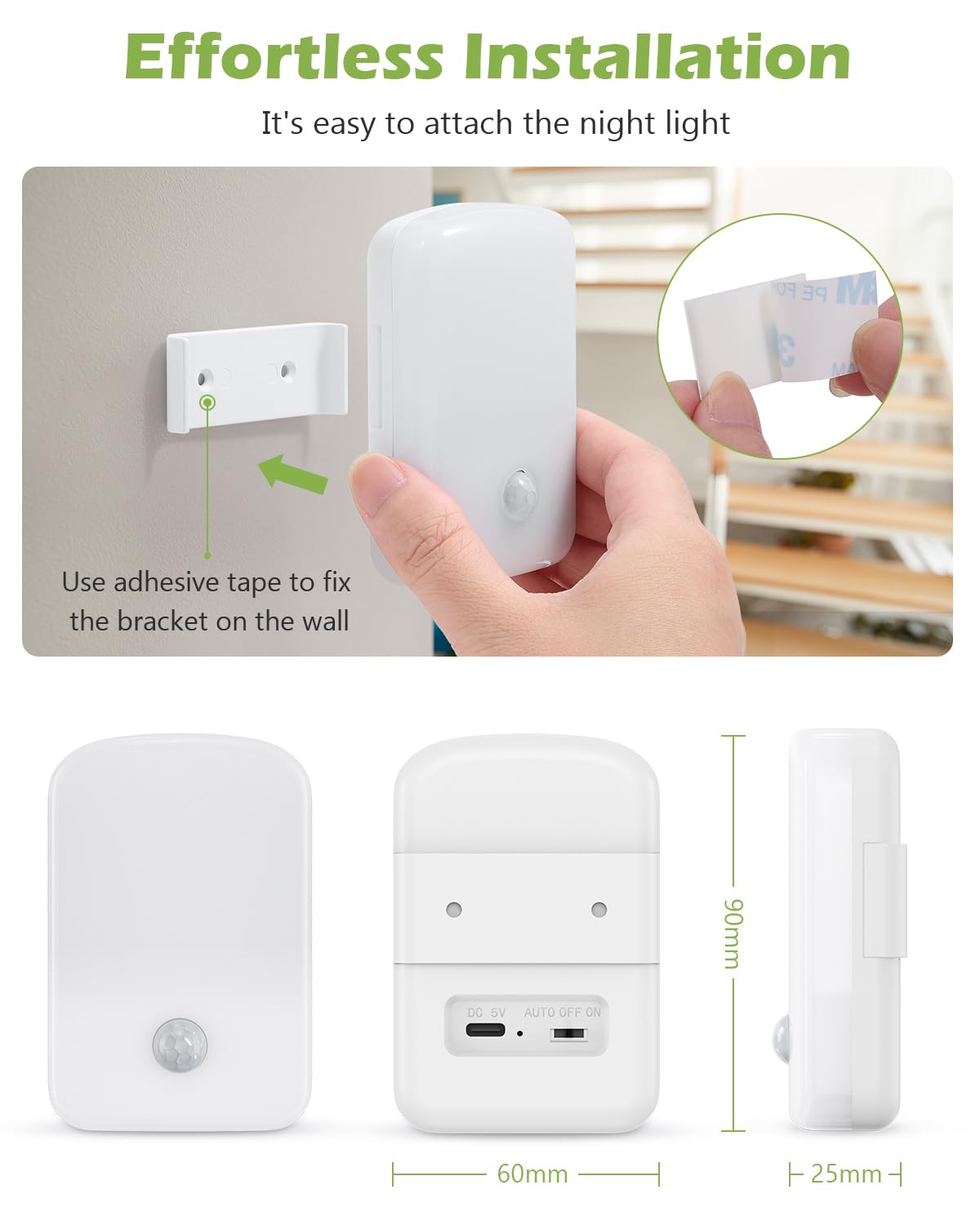 KeeKit Luz nocturna recargable, luz nocturna con sensor de movimiento con encendido/apagado automático, luces LED adhesivas de 30 lúmenes para escaleras, para baño, dormitorio, cocina, baño, armario