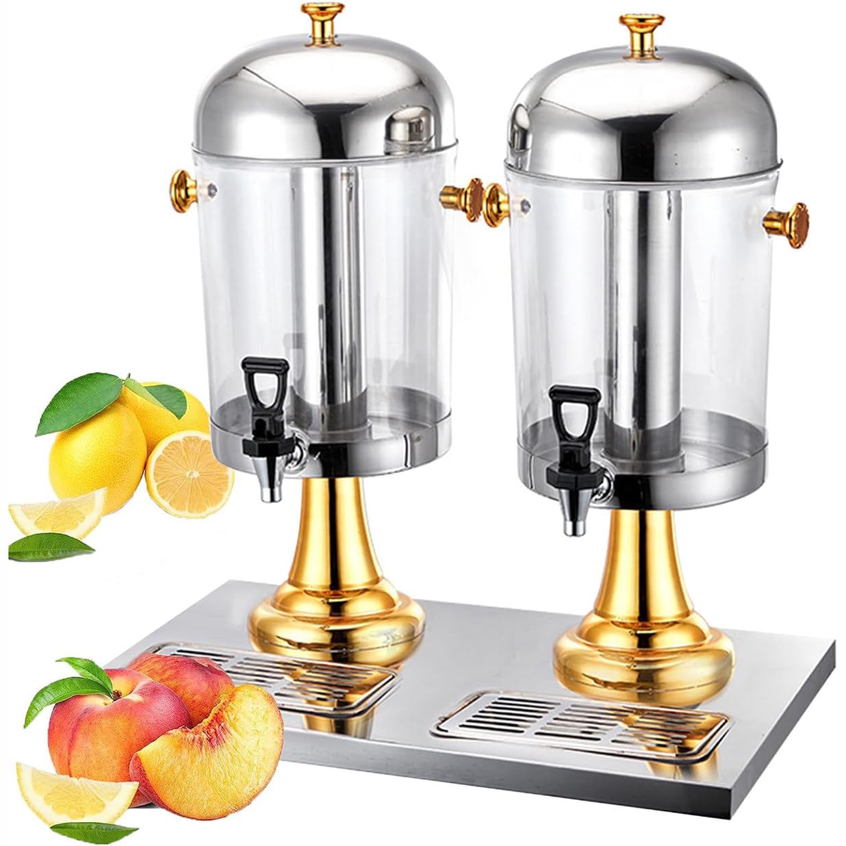 ASerZenith Cold Hot Juice Dispenser, Stainless Steel Clear Glass Drink Dispenser, Commercial Beverage Dispenser For Serving Cold Beverages, Cocktails, Water, Chilled Refreshments(Doublehead16L-Gold)