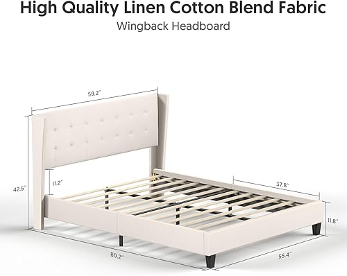 Miniatura 3 de BONSOIR Marco de cama tapizado tradicional de perfil bajo con cabecera trasera de ala, no necesita somier, no necesita falda de cama, tapicería de