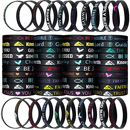 51 Pieces Bible Bracelets Rubber Verse Bracelets Inspirational Silicone Wristband Faith Bible Verse Rubber Bracelets Motivational Saying Wristbands Party Favors for Men Women (Black)