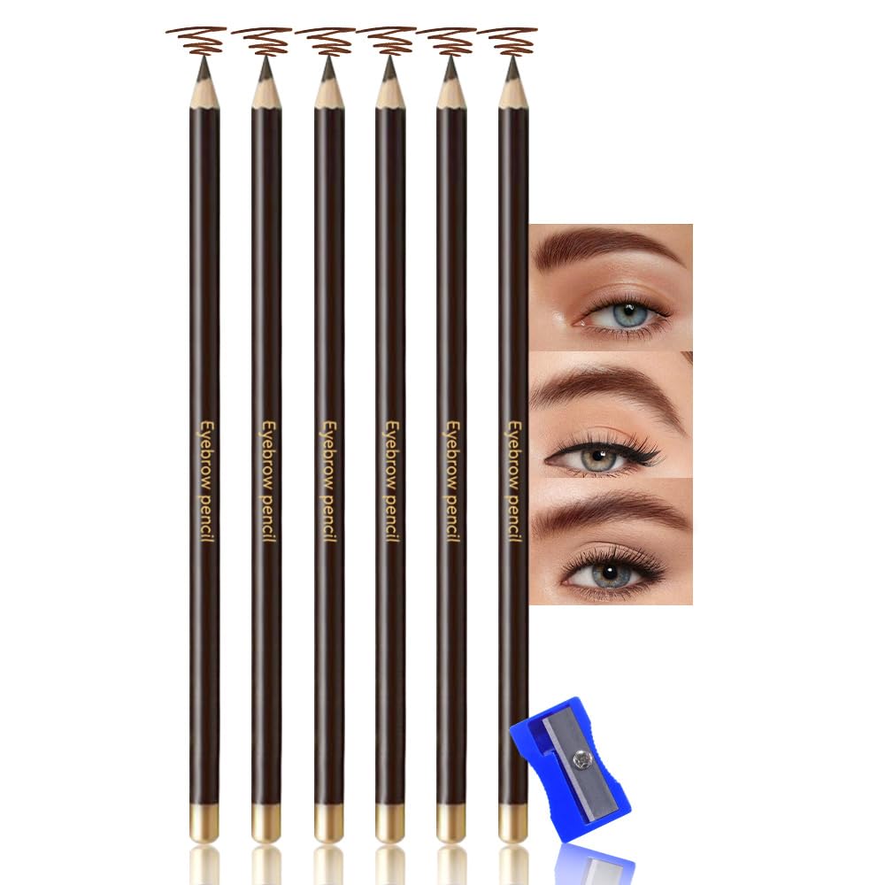 JUAAZIN 6Pcs Long Eyebrow Pencils Set, Coffee Natural Look, for Eyebrows & Eyeliner,Waterproof & Sweat-Proof Wooden Hard-Core Brow Pencil with Sharpener,Long Lasting Makeup Kit for Beginners104#