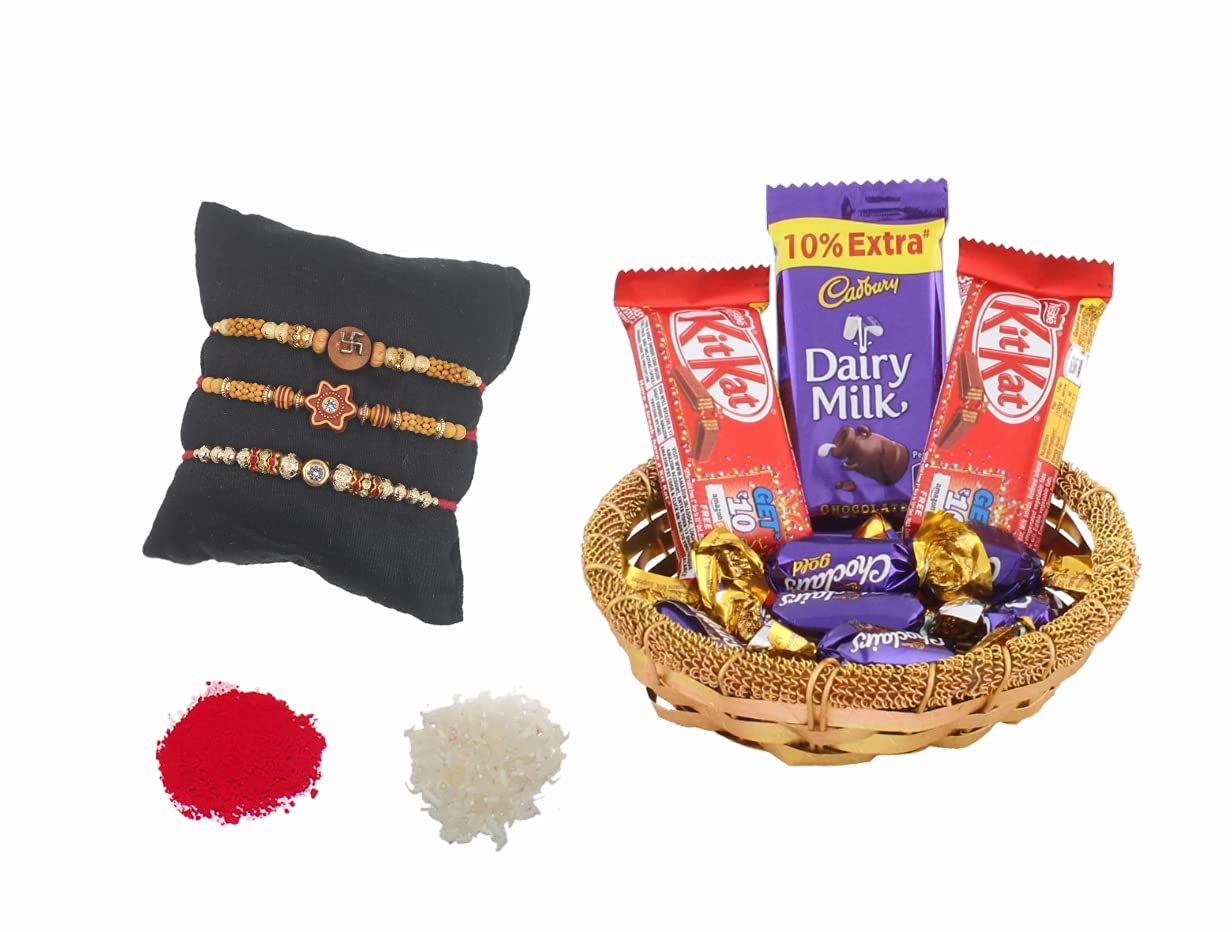 Relic Trademart Rakhi Set Of 3 With Assorted Chocolate 2 Nestle Kitkat, 1 Dairymilk, 5 Eclair Chocolate And Roli Chawal, 90 Gm (B09B4BQQ9L) Amazon Price History, Amazon Price Tracker