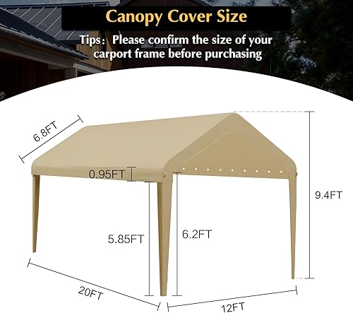 Miniatura 3 de GOTRUTH Toldo de repuesto para cochera, cubierta superior de repuesto de 12 x 20 pies para marco de cochera de 12 x 20 pies, 800D, resistente al