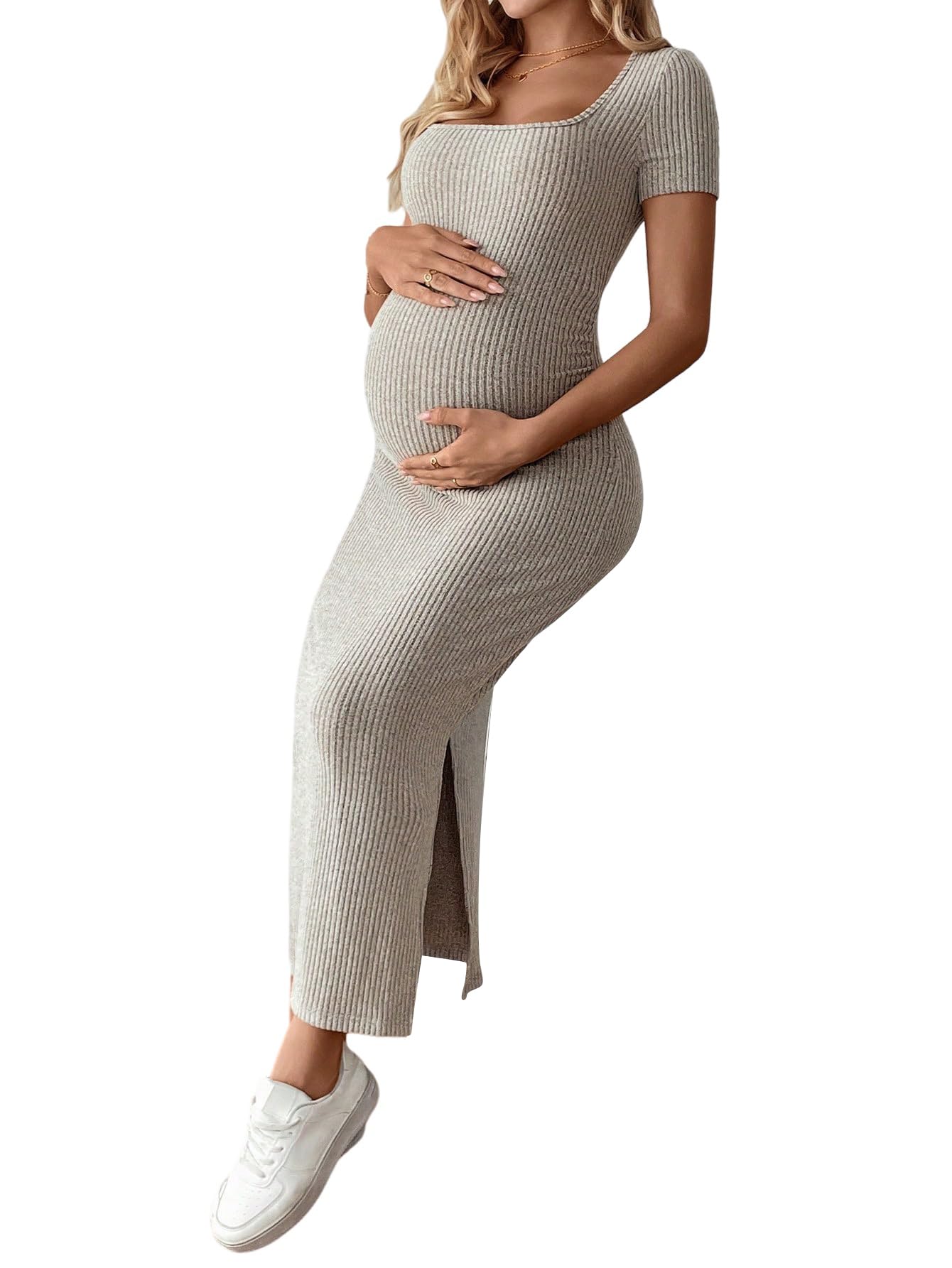 SweatyRocks Damen Umstandsmode Kleid Strickkleid Kurzarm Langes Sommerkleid für Schwangere Elegant Bleistift Umstandkleid Freizeitkleid