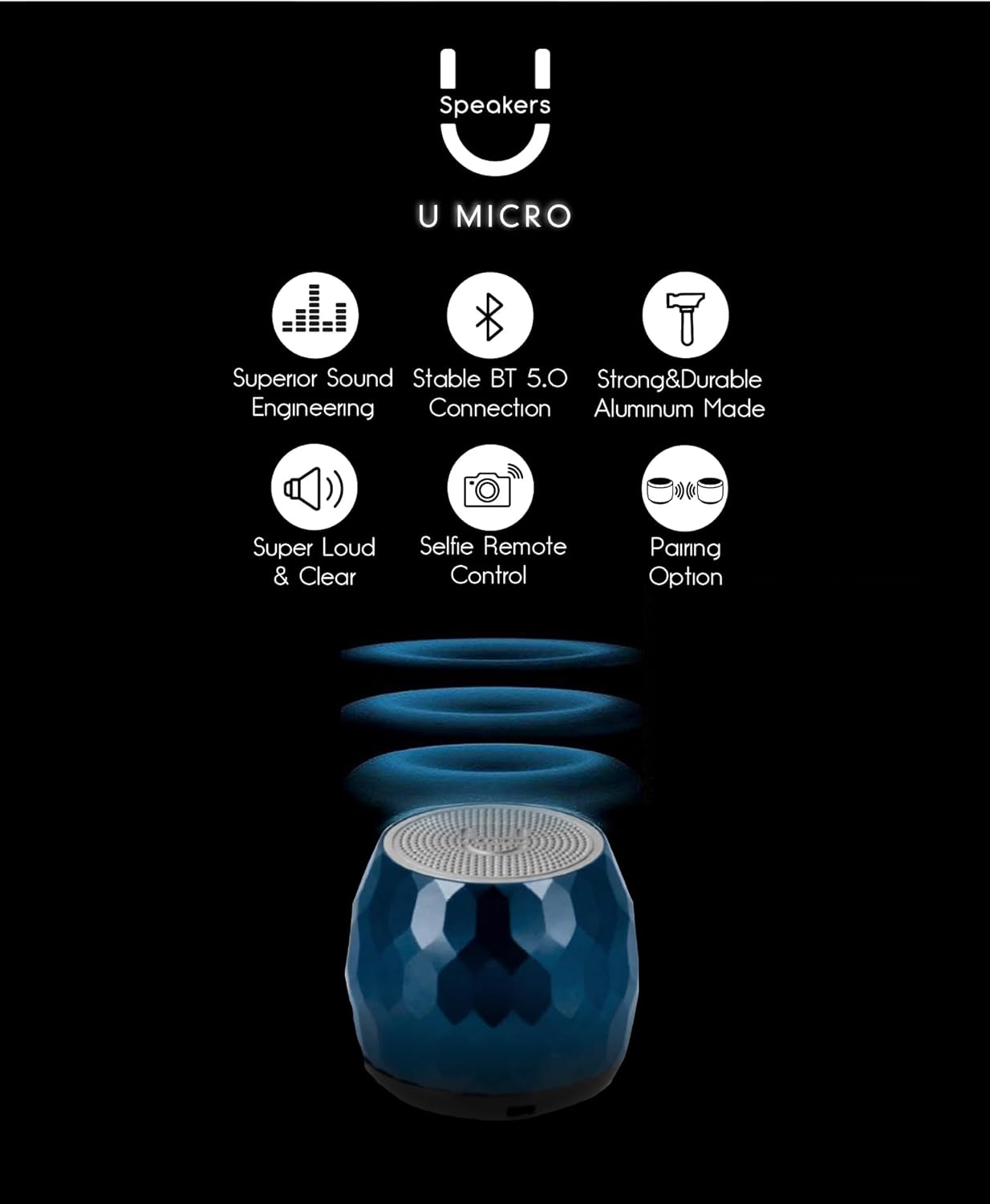 Fashionit U Micro - Small Bluetooth Speaker | Coin-Sized Speakers Bluetooth Wireless with Built-in Mic & Remote Shutter | Portable Rich Sound for Travel, Shower, Beach |Glam Midnight Blue