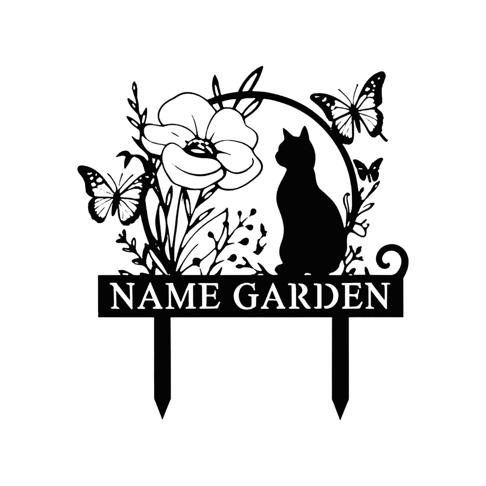 Personalised Outdoor Sign with Stake, Customised with Text, Metal Garden, Pub, Birthday Party, Shop Sign (Flower + Cat)