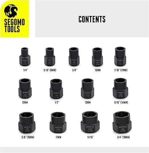 Miniatura 6 de Segomo Tools Juego de herramientas métricas de extracción de tuercas y pernos de 13 piezas, 0.315-0.748 in