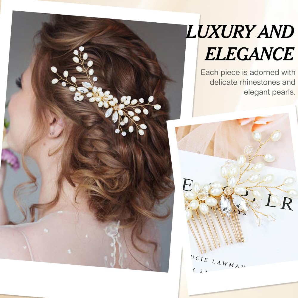 Dizila 3 Pieces Gold Metal Glitter Rhinestone Pearl Party Prom Wedding Bridal Hair Side Combs Slides Headpieces for Women Girls Brides Bridesmaids - Image 3