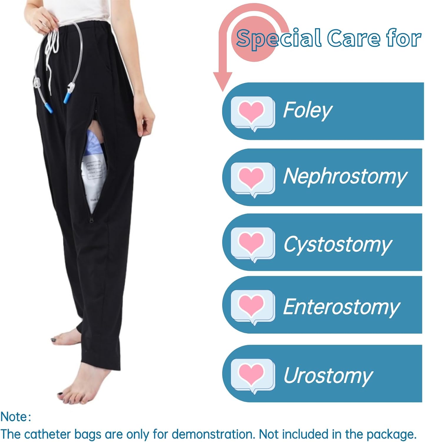 Catheter Leg Bag Pants for Men/Women, Urine Bag Holder Pants with 2 Zippered Side Pockets, Holding 2x2000ml Catheter Bag for Nephrostomy, Foley, Cystostomy, Enterostomy, Urostomy Patients (XL, Black) - Image 2