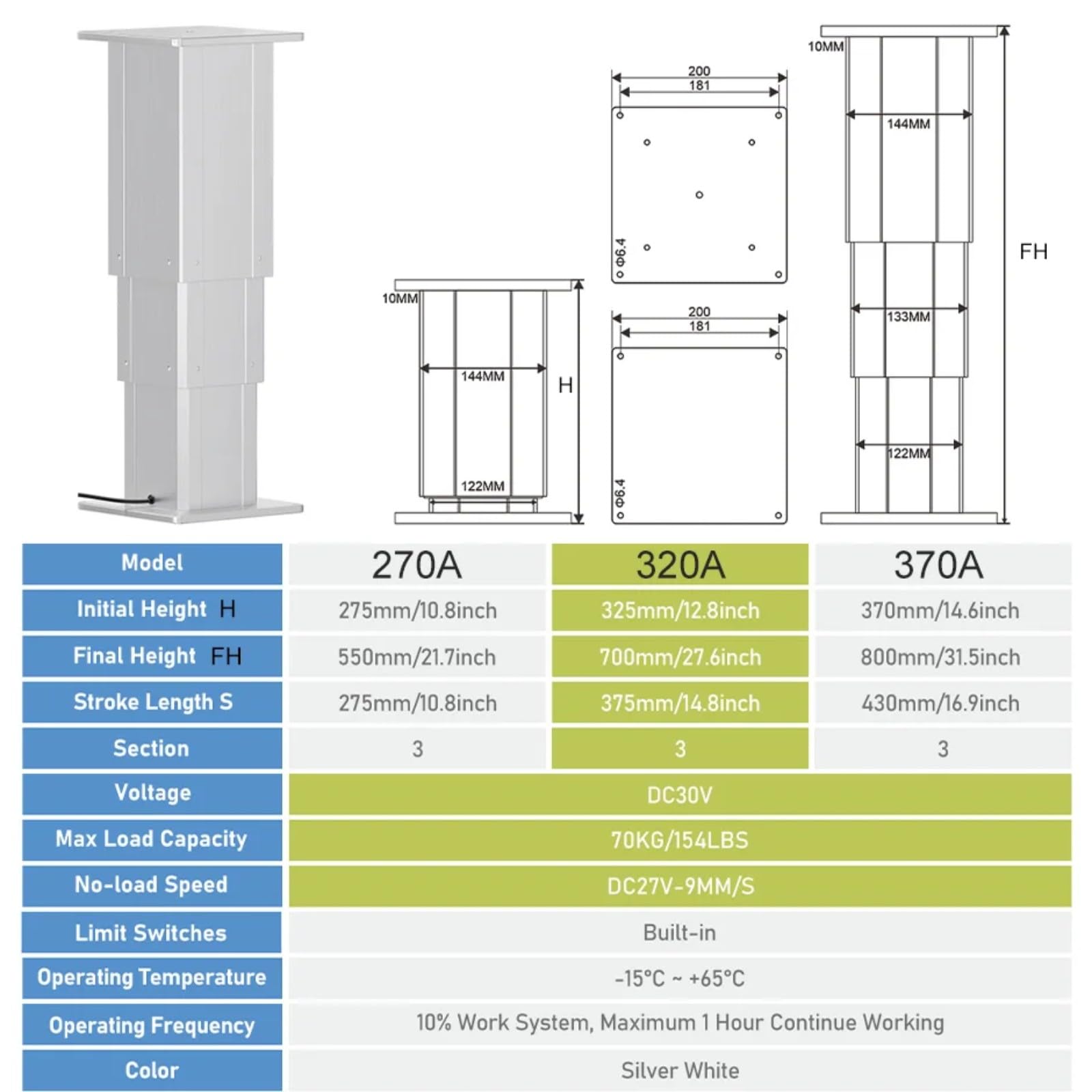 2 Stück 70 Kilogramm Last Hebe Säule synchronisierte Steuerung Hebeplattform hohes Gedächtnis Einstellungen Einstellung(270A; 2PCS-SYNC; 70 Kilogram Load 9mms)