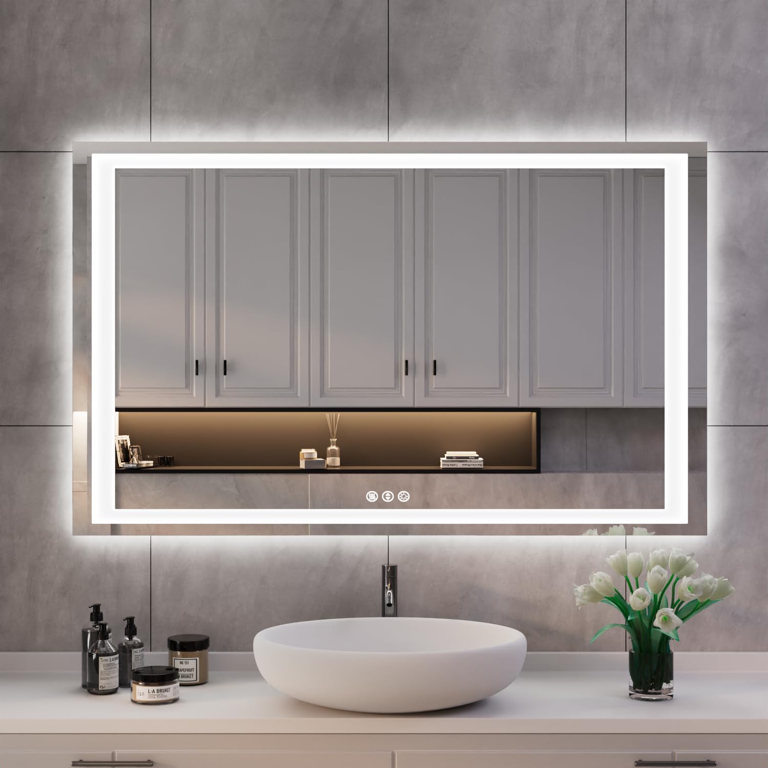 ISKM 48x28 LED Mirror for Bathroom, Front and Back Lit, Anti-Fog, Dimmable