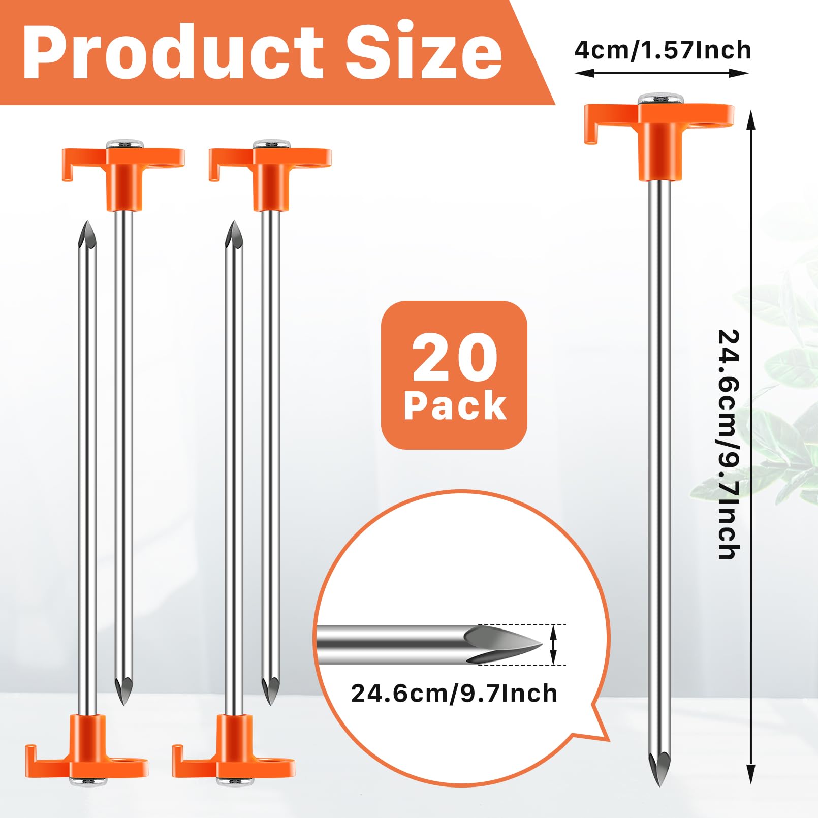 Gabotrie 20 Pack Tent Stakes Heavy Duty, 9.6 Inch Camping Stakes, Non-Rust Metal Tent Pegs, Ground Stakes Yard Stakes with Drawstring Bag for Camping Backyards Outdoor Picnic (Orange)