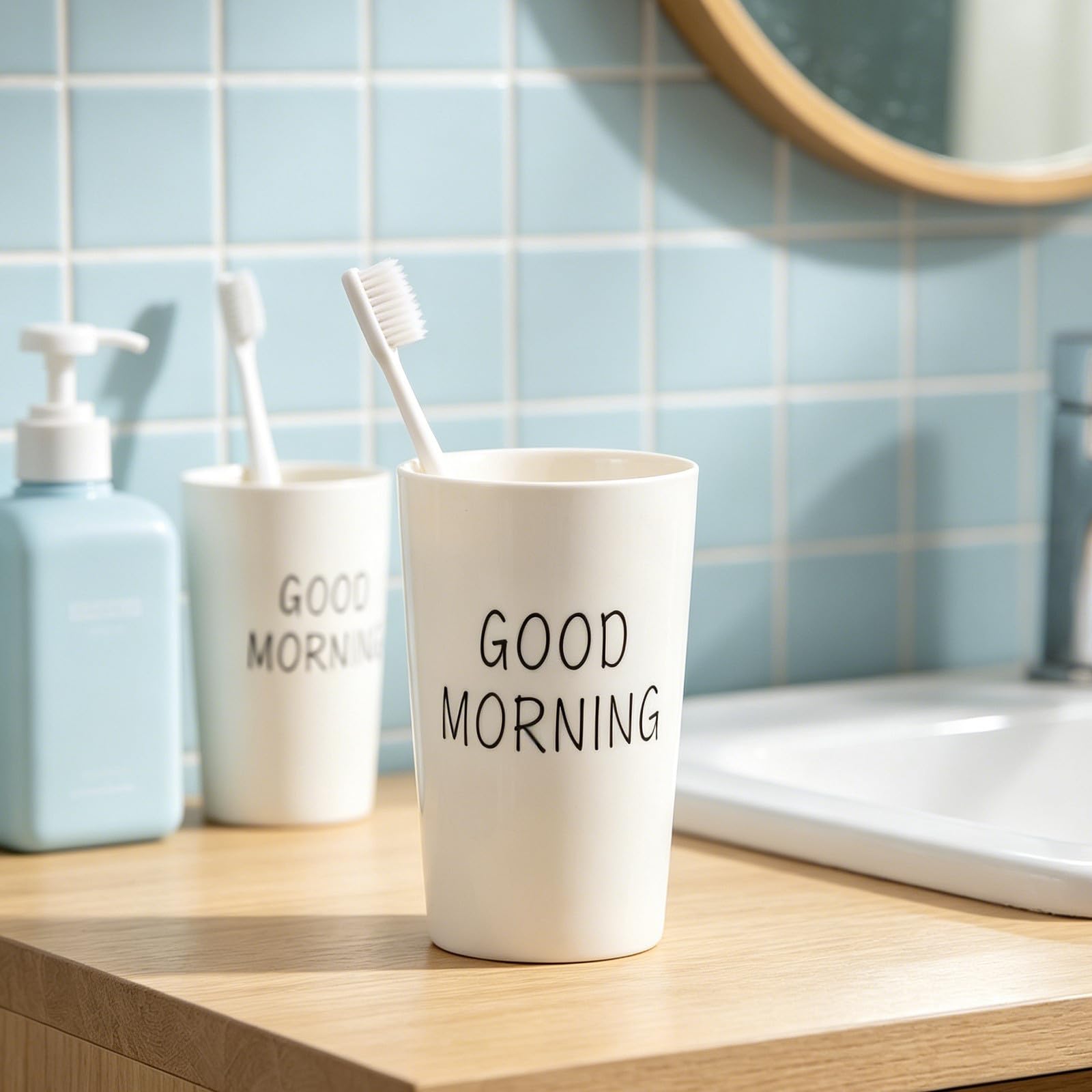 SHINEOFI 2 Piezas Vaso Diseño Simple y Elegante para Baño Estilo Americano de Cerámica de Color Claro Material Resistente y Fácil de Limpiar para Cepillo de Dientes