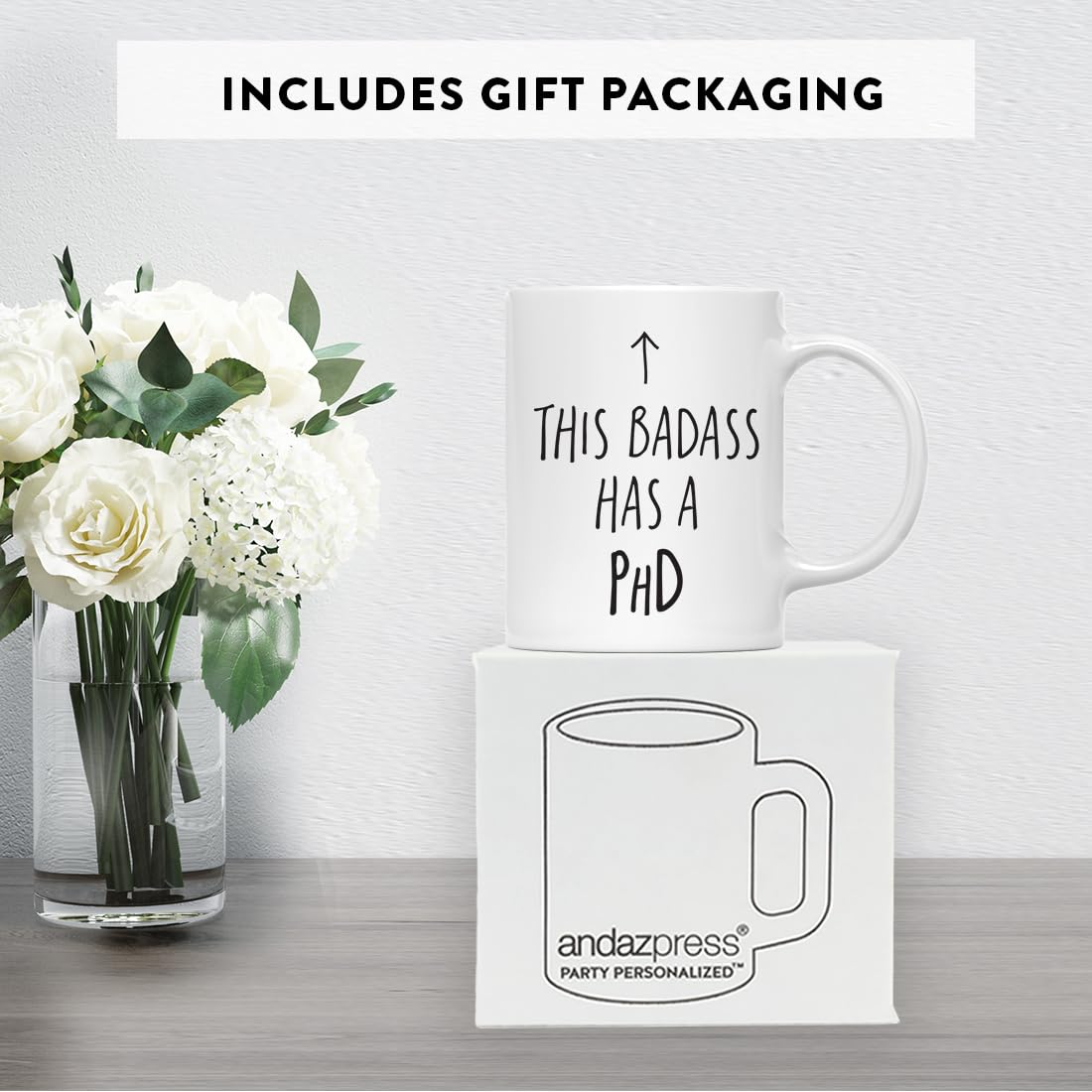 Andaz Press 11oz. PhD Graduation Coffee Mug Gift, This Badass Has A PhD, Arrow Graphic, 1-Pack, Includes Gift Box, Cups For Graduate School Students Of Class Of 2026, Grad Diploma PhD Mug