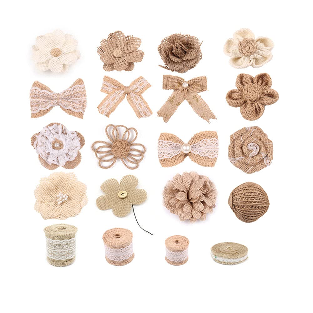 Cenpek White 20Pcs Natural Burlap Flowers Set For Crafts, Include Lace Burlap Ribbon Roll, Handmade Rustic Burlap Flowers And Twine Ribbon For Wedding Home Embellishment