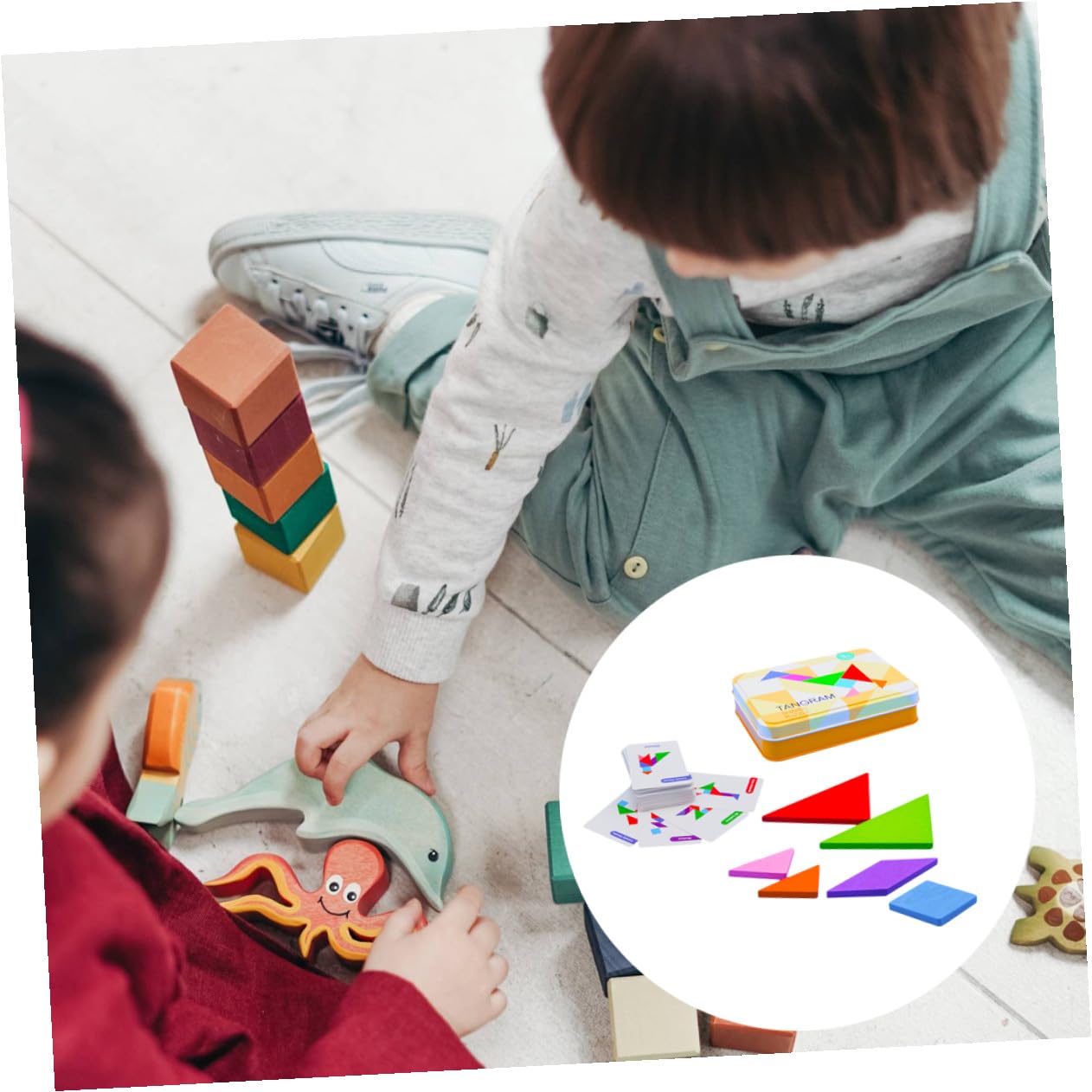 ifundom Jeu de Puzzle Tangram en Bois pour Garçon et Filles, Éducatif en Bois Naturel, 1 Coffret en Fer Cartes, Stimulation Créativité et Apprentissage Géométrie, pour Développement