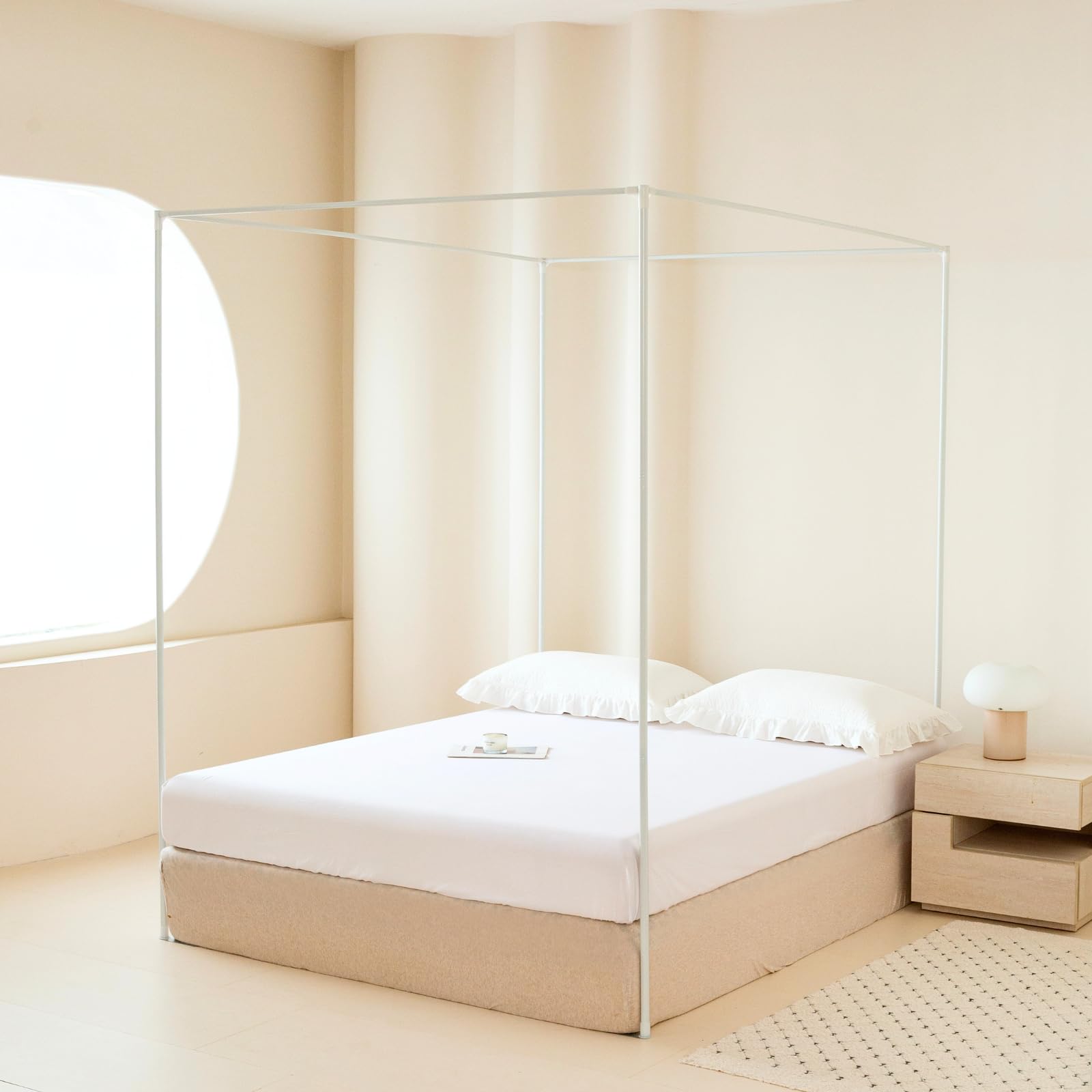 Telaio per letto a baldacchino, bianco, larghezza 200 x lunghezza 200 x altezza 200 cm, quattro poster, telaio per letto in metallo, telaio a quadro, letto angolare, cornice per un letto