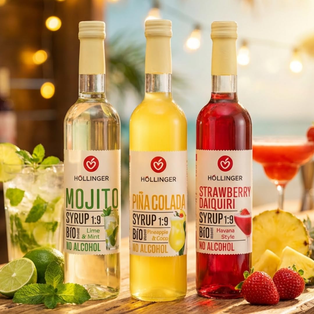 HÖLLINGER Sirop Classic Cocktail Bio sans Alcool, 3 Saveurs (Mojito, Piña Colada, Strawberry Daiquiri), 3x500ml, Concentré 1:9