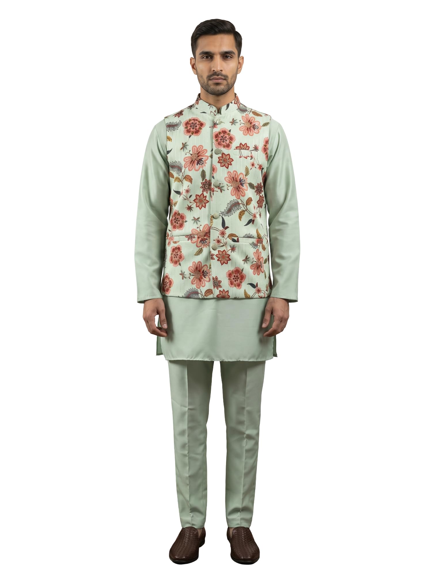 jompers Men's Floral Printed Nehru Jacket with Kurta Pyjama Set-picture-26