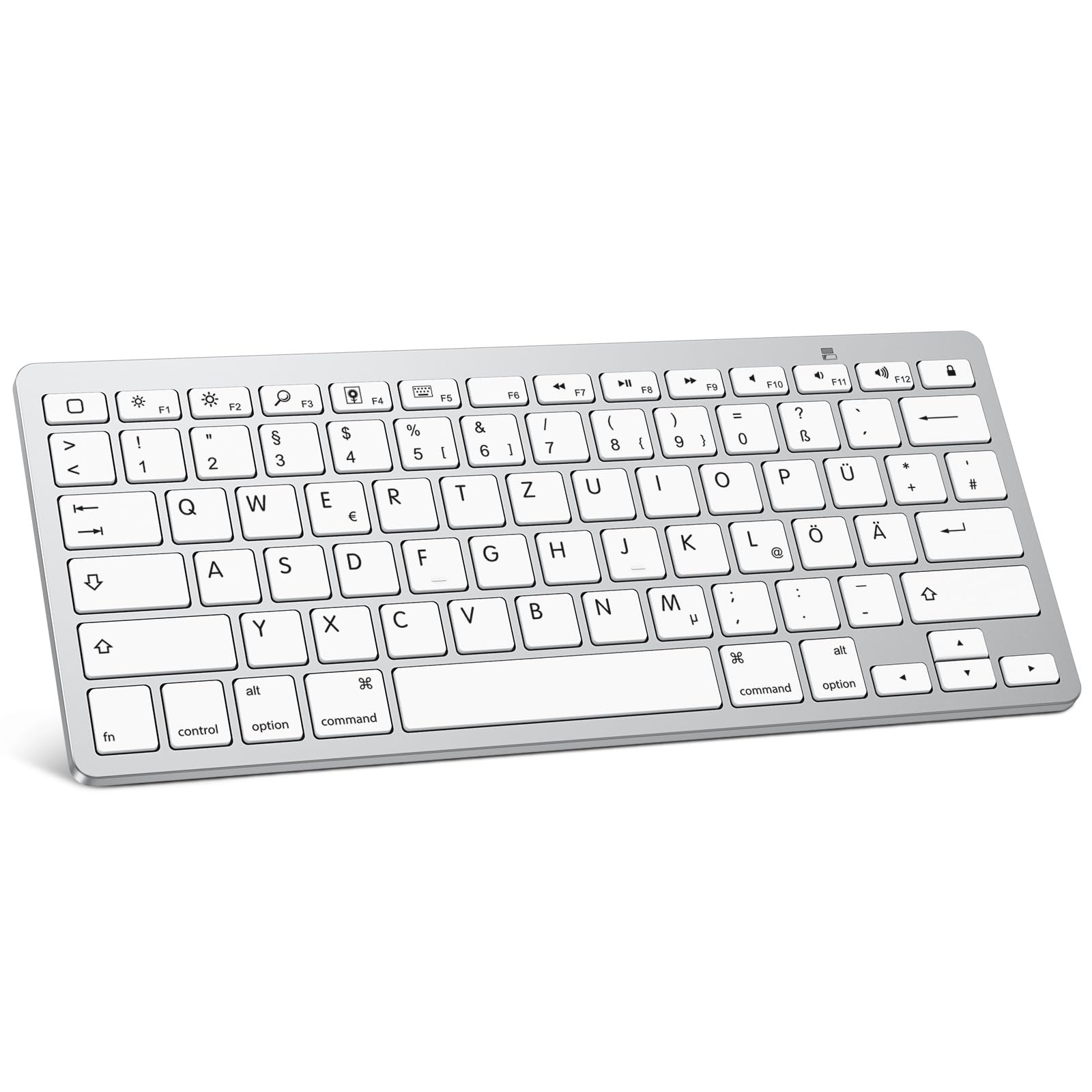 OMOTON deutsche Bluetooth Tastatur für iPad 10.9/10.2/9.7, Air 6/5/4/3, Tastatur für Pad Pro 13/12.9/11/10.5 und iPhone 17 Handy, QWERTZ Layout, Tragbare Kabellose, Ultra-dünn, Silber