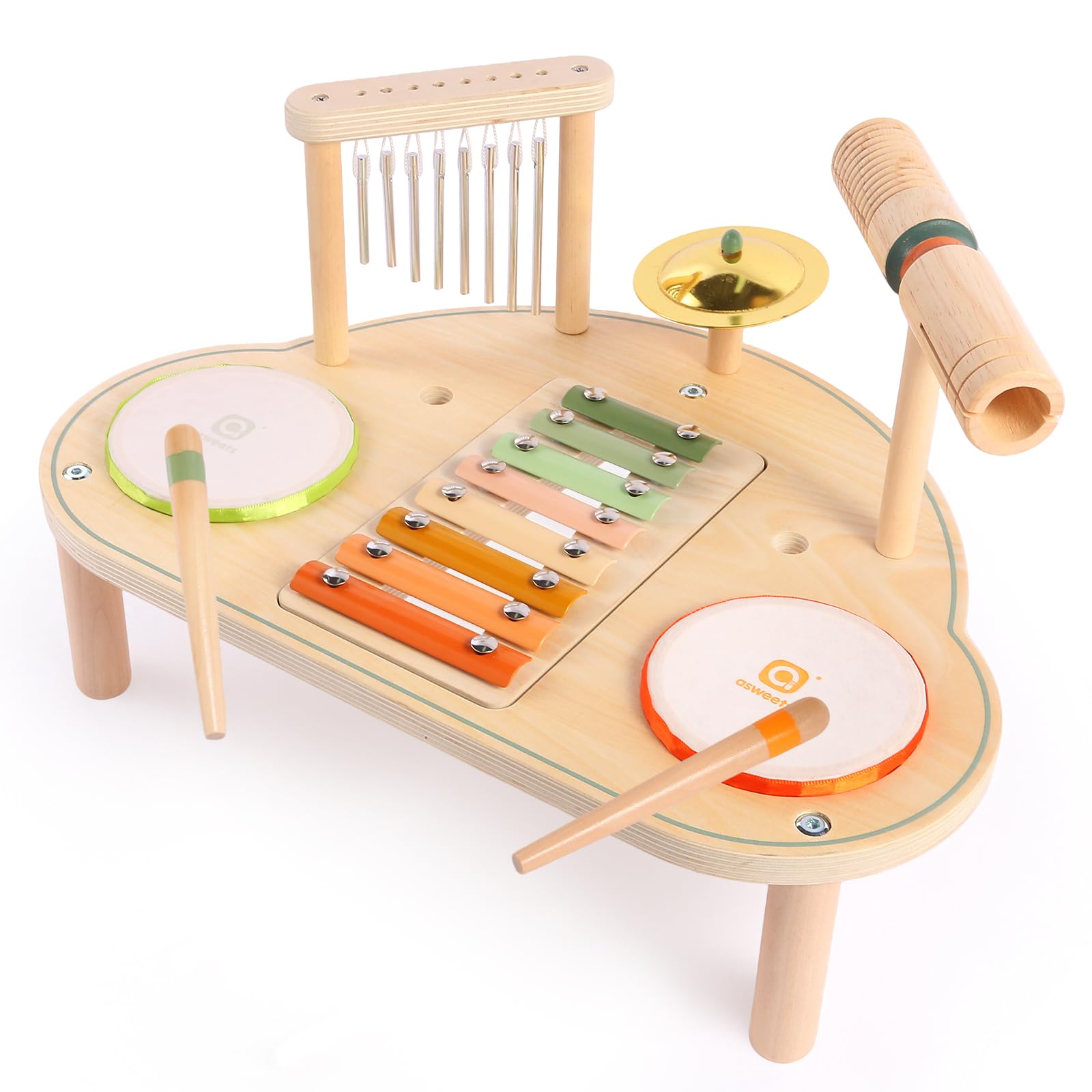 Asweets 7 in 1 Wooden Kids Drum Set for Toddlers, Wooden Xylophone Musical Instruments Play Set, Montessori Learning Instruments Toys, Birthday Gifts for Girls Boys