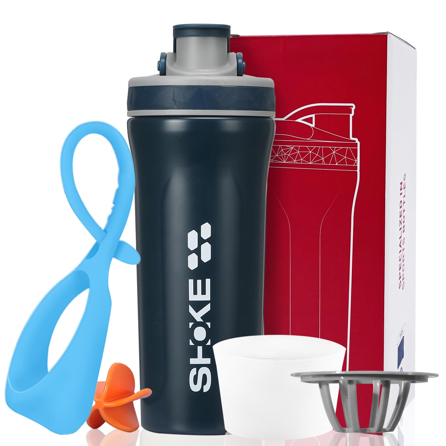 SHOKE Stainless Steel Shaker Bottle Water Bottle with Whisk Protein 27oz Shaker Bottles/Shaker Cups for Protein Mixes Leak Proof With Rubber Water