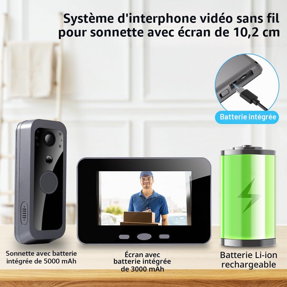 300VK Interphone vidéo sans fil avec écran de 4,3 pouces, judas 1080p avec carte mémoire 32 Go, détection de mouvement, audio bidirectionnel, étanche