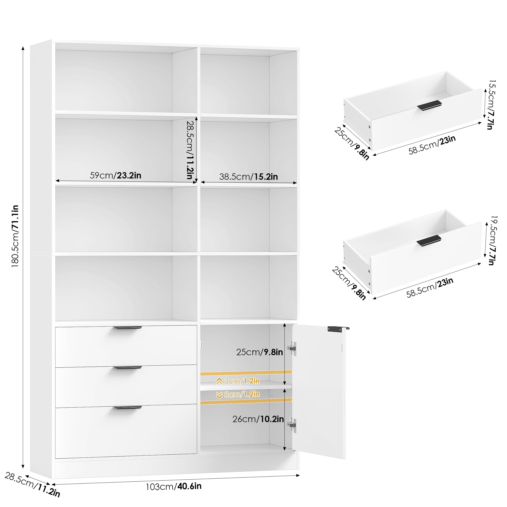 HOCSOK Libreria, Scaffale Libreria Verticale con Porta e 3 Cassetti, Legno | Scaffale Alta con Ripiani Regolabili, per Soggiorno Studio Ufficio, Bianco, 180,5×103×28,5 cm