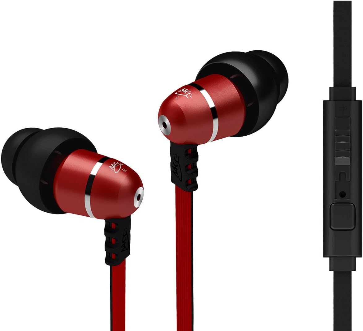 MEElectronics M9P Flat Cable In-Ear Headphone with Headset Functionality and Universal Volume Control, Second Generation (Red)