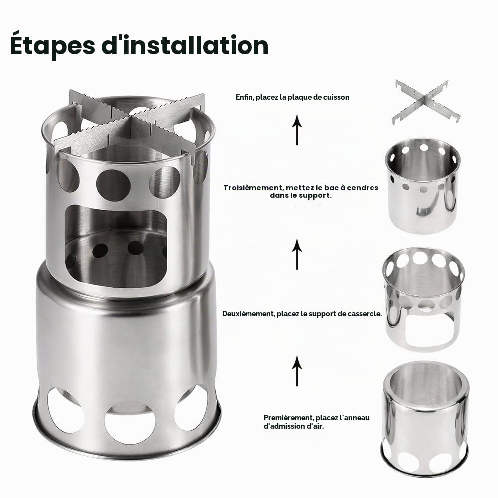 Karlak Réchaud à bois de camping, réchaud de camping portable combiné réchaud à bois et marmite pour l'extérieur, la randonnée, la pêche, la randonnée