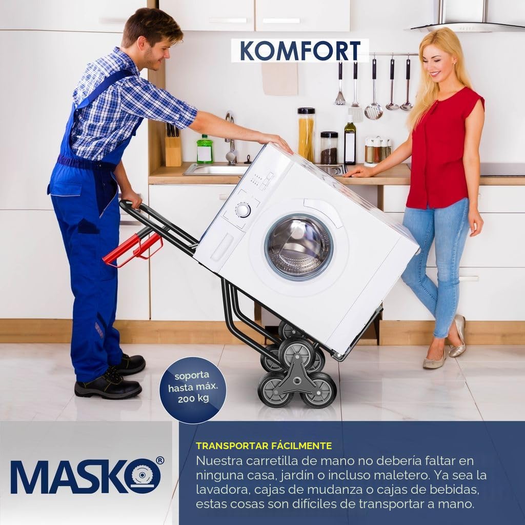 MASKO® Carretilla para escaleras, 200 kg, Carretilla de Transporte para Subir escaleras, Plegable, Ruedas de Goma Dura, Asas de plástico, Marco de Acero