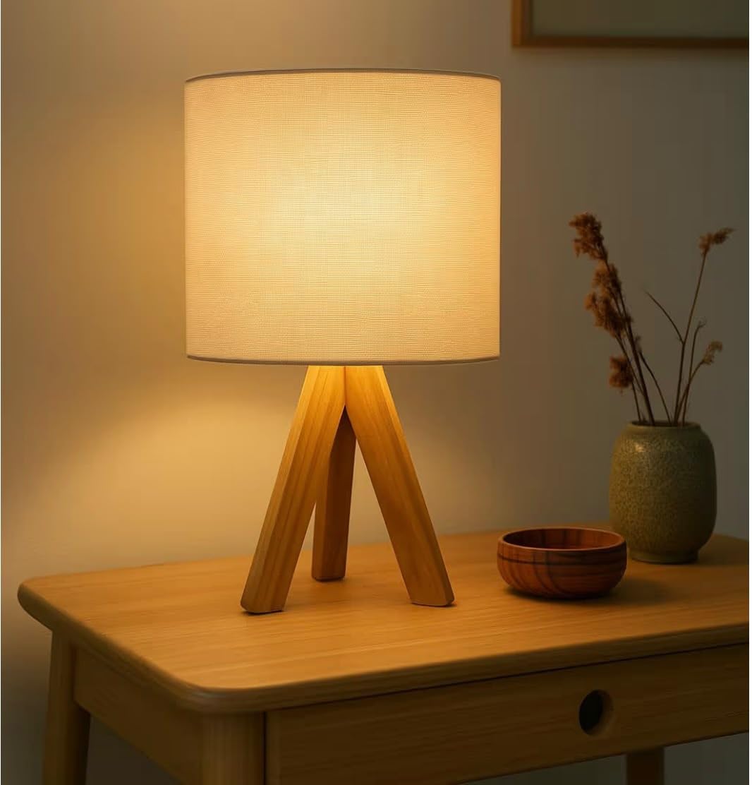 Modern Teak Tripod LED Table Lamp with Wooden Base and White Fabric Shade, Bedside Desk Light for Living Room I Bedside Lamp for Night/Study Lamp I Size 16.75 in X 8.6 in-image-1