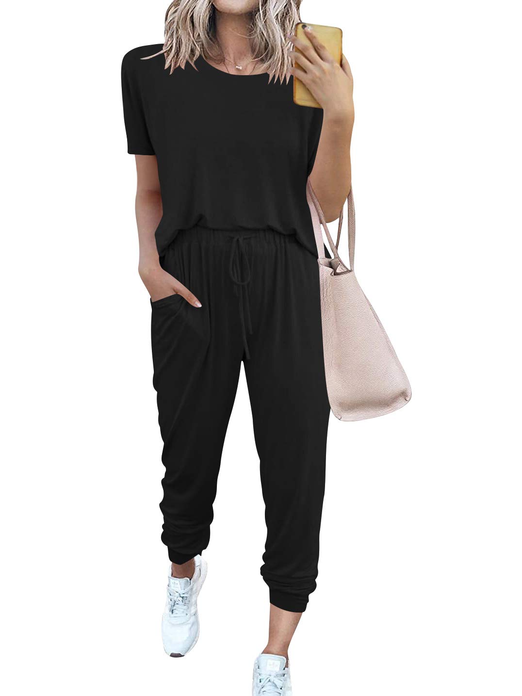 (Size S) LOGENE Women's Solid Color Two Piece Sweatsuits Short Sleeve Pullover Tops and Long Pants Lounge Sets Outfits (Black)