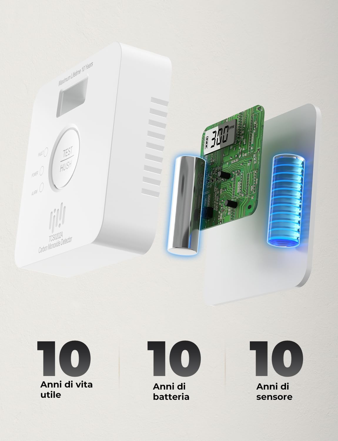 Exploded view of the CO detector showing internal components, highlighting the 10-year battery and sensor.