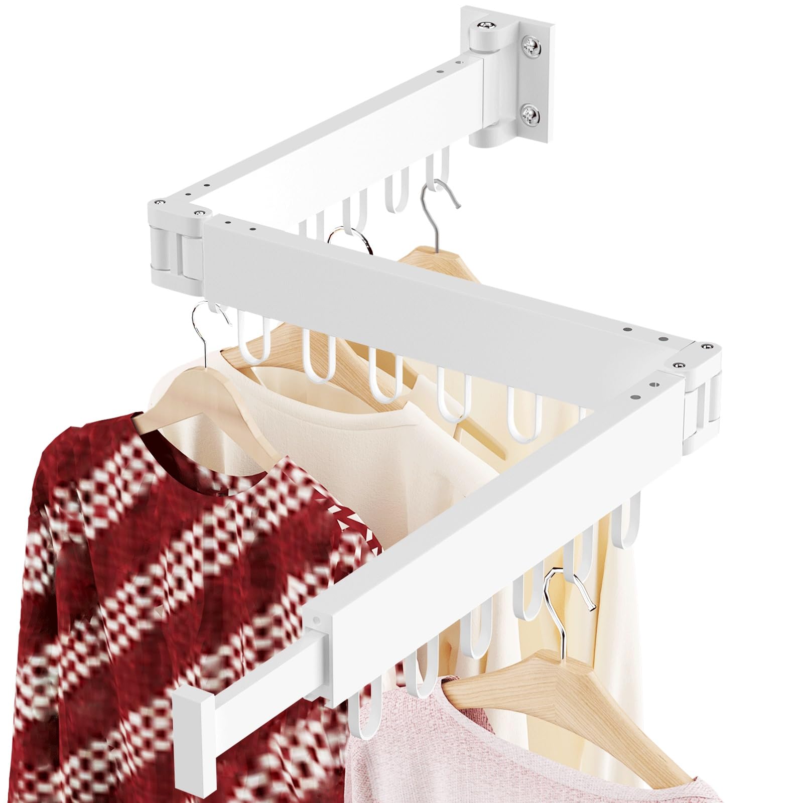 JAUREE Séchoir à Linge Murale, Séchoir à Linge Escamotable et Pliable, Séchoir à Vêtements Mural Économiseur d'Espace, Séchoir Rétractable Tripliable pour Intérieur/Extérieur avec 18 Crochets, Blanc