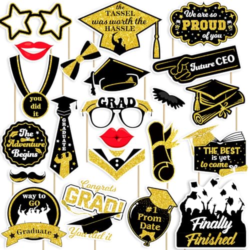 22 Pcs Graduation Photo Booth Props 2025 - Black Gold Congrats Cl...