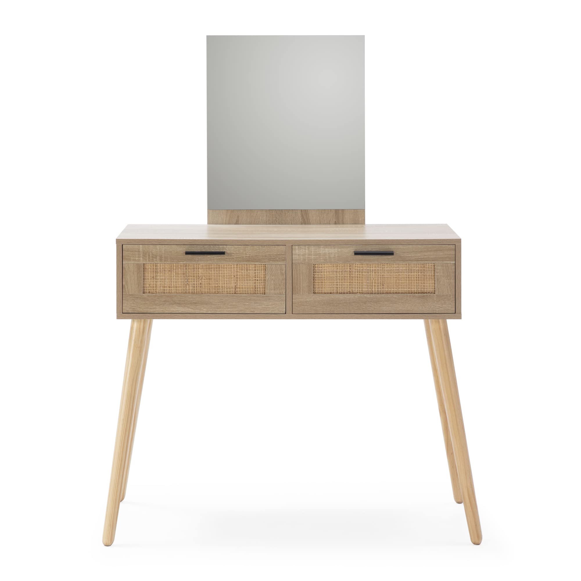 HOMN LIVING Recibidor Dalia con 2 cajones y 1 Espejo Color Roble y Ratán, Mueble de Entrada, 90 cm (Ancho) 41 cm (Profundo) 135 cm (Altura)