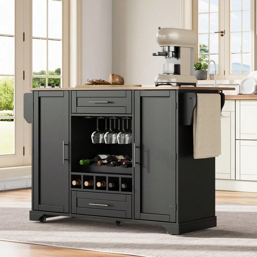 Tavolo da cucina con occhio mobile nero – piano di lavoro pieghevole, stoccaggio integrato (vino, bicchieri, spezie) e portasciugamani (nero + naturale + MDF + europeo)