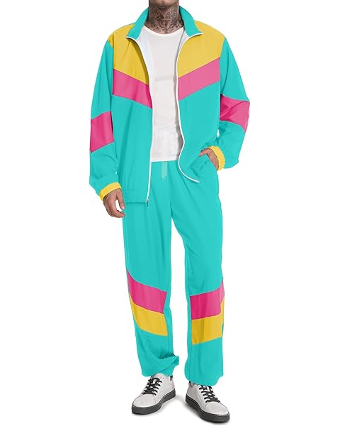 UOUA 80s Outfit Men 90s Tracksuit Costumes Halloween 70s Windbreaker Jacket Track Suit 2 Piece Hip Hop Set