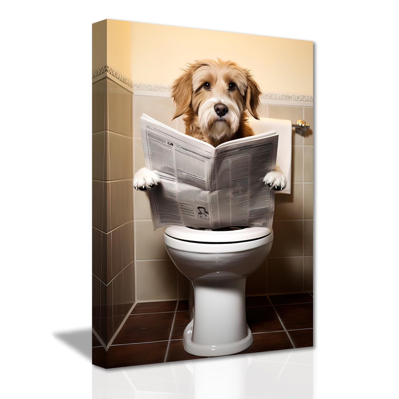 LZIMU Cute Dog Sitting on Toilet Reading Newspaper Canvas Prints - Funny Animals Bathroom Pictures Wall Decor Framed (Bathroom-4, 12"x18" (30.00 x 45.00 cms)) โ image 1