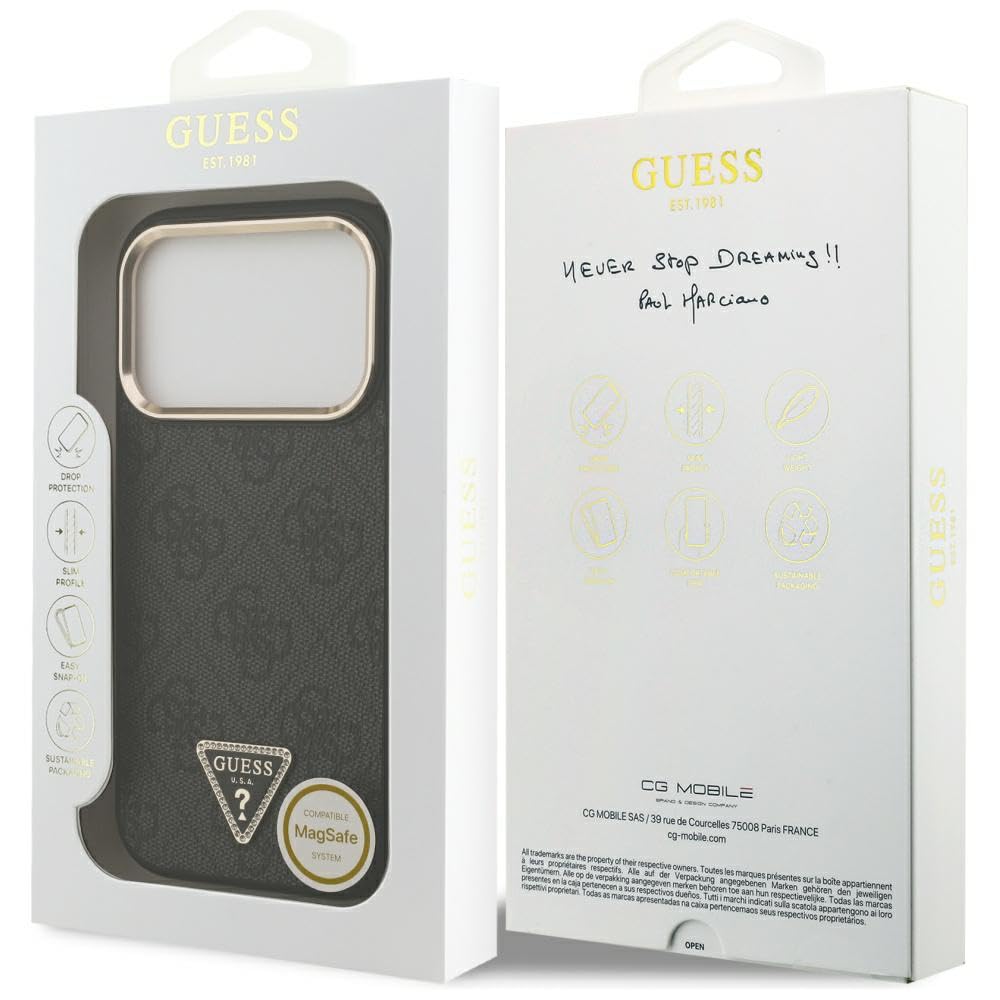 CG Mobile Guess 4G Triángulo Logo Compatible con MagSafe Funda para iPhone 17 Pro (Negro/Oro)