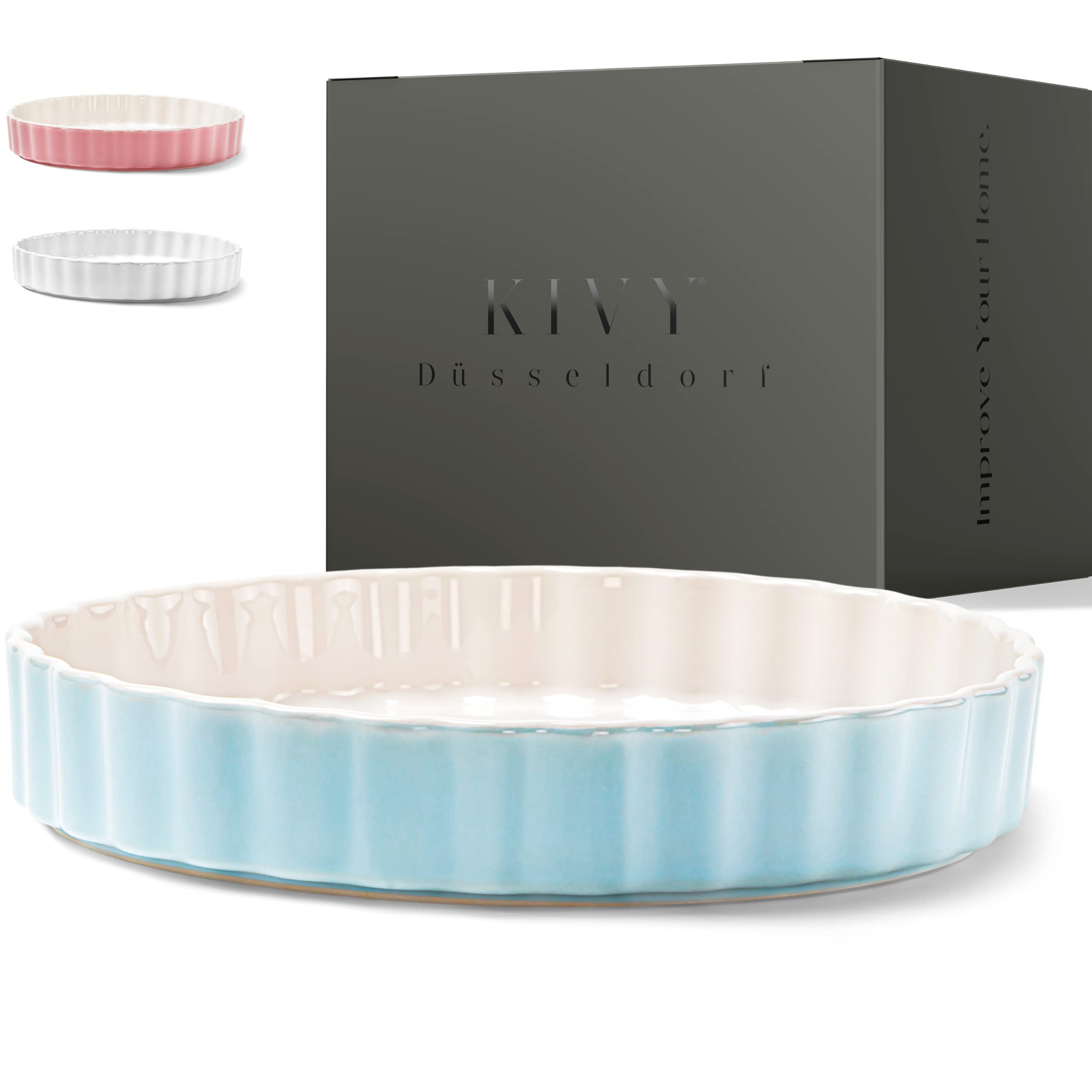 KIVY Teglia Forno [28 cm] | Ceramica Antiaderente | Stampo per Dolci in Blu | Stampa per Torte e Quiche | Stampo in Ceramica Rotondo