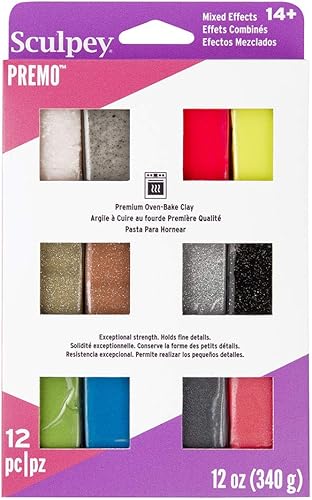 Sculpey Premo Metallics and Glitters - Paquete de muestras de color, 12 colores, arcilla polimérica de alta calidad, no tóxica, 12 onzas, ideal para