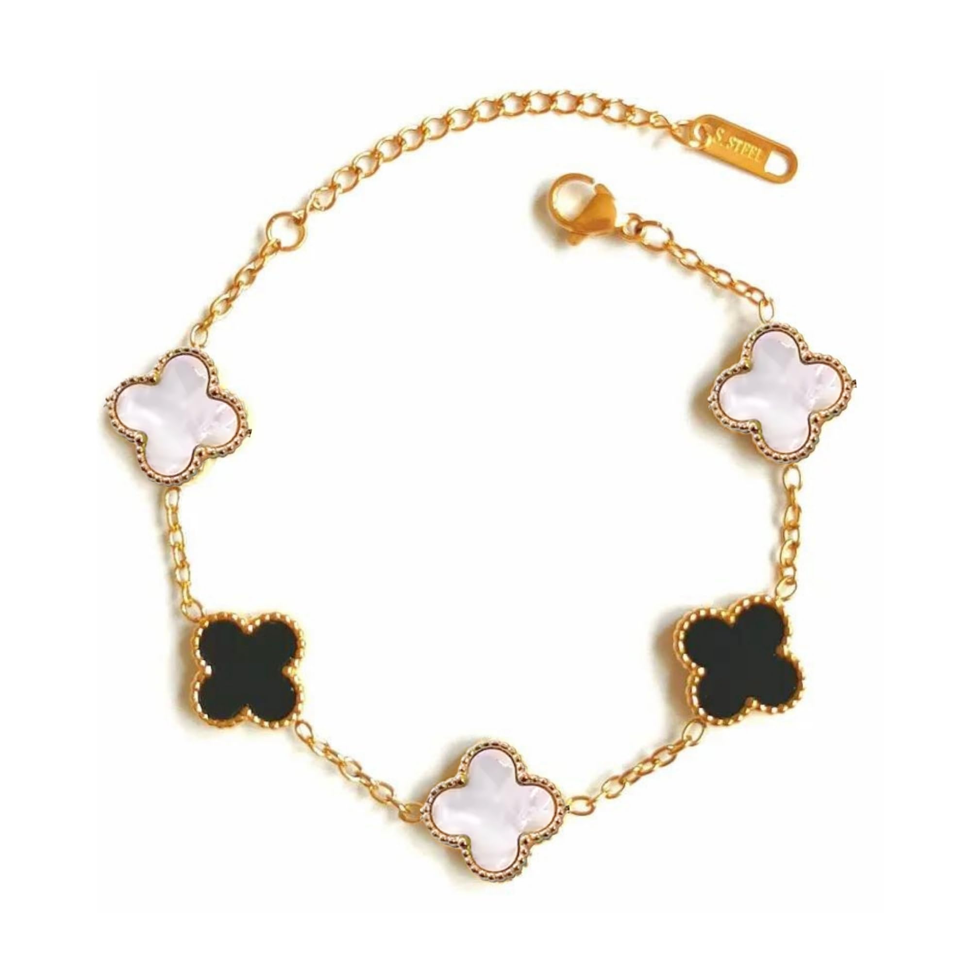 SALVE Reversible Van Cleef Inspired 2 in 1 Black & White Clover Anti Tarnish Bracelet for Women Stylish | Chic Dual Styling Aesthetic Hand Bracelet for Girls Accessories | Dainty Jewellery for Women (B0DGTBWXM5) Amazon Price History, Amazon Price Tracker