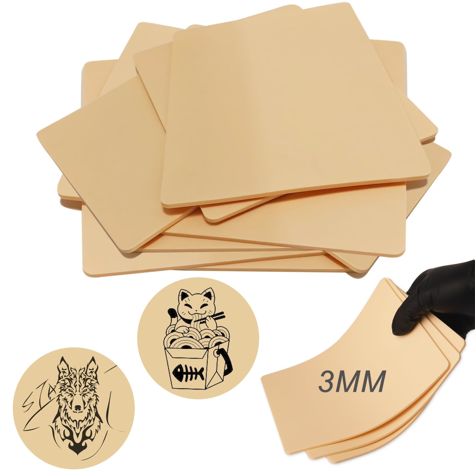 3MMフェイクスキンタトゥー - TONBAO 12個入り 厚手タトゥースキン練習キット 7.48x5.6インチ 両面フェイクスキン 練習とタトゥー用 初心者とアーティスト向け 3mmソフトフェイクタトゥースキン練習用